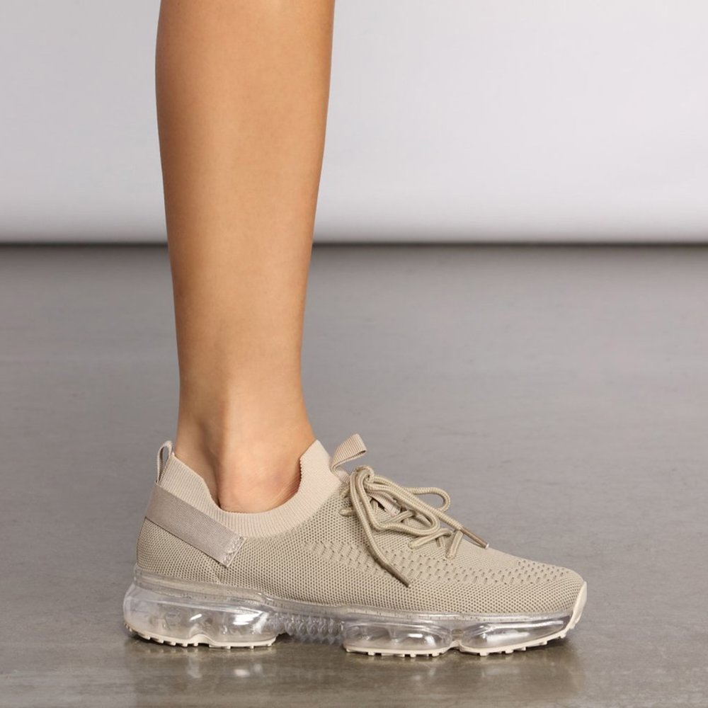 NEW🔥Dark Beige Stretch Knitted Transparent Cushion Air Bubble Sneakers Lace-Up - Picture 3 of 9